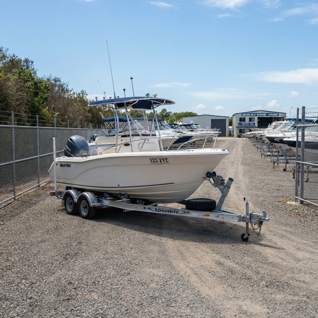 Boat on a trailer stored in a yard