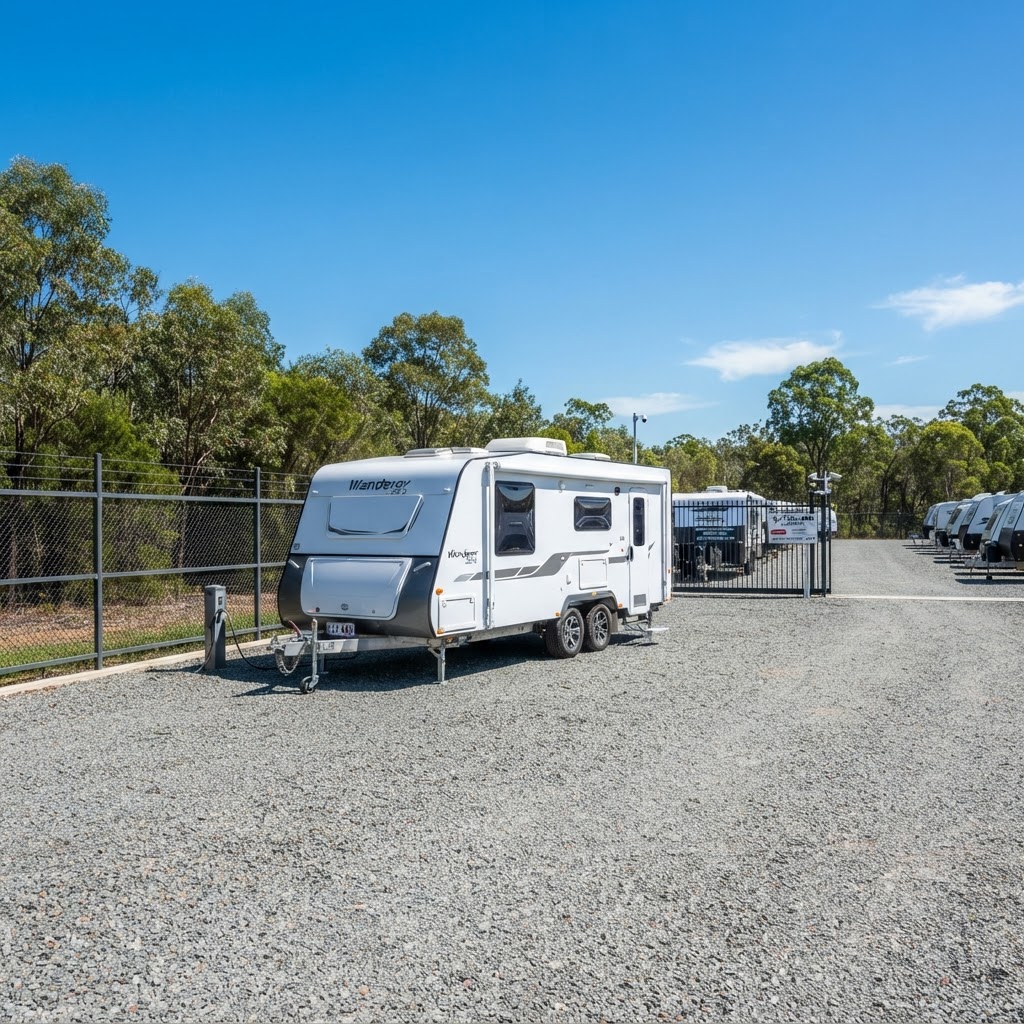 Caravan parked on a gravel hardstand